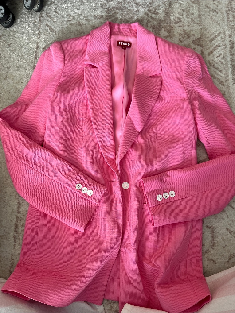 STAUD Bright Pink Corduroy Single-Breasted Blazer